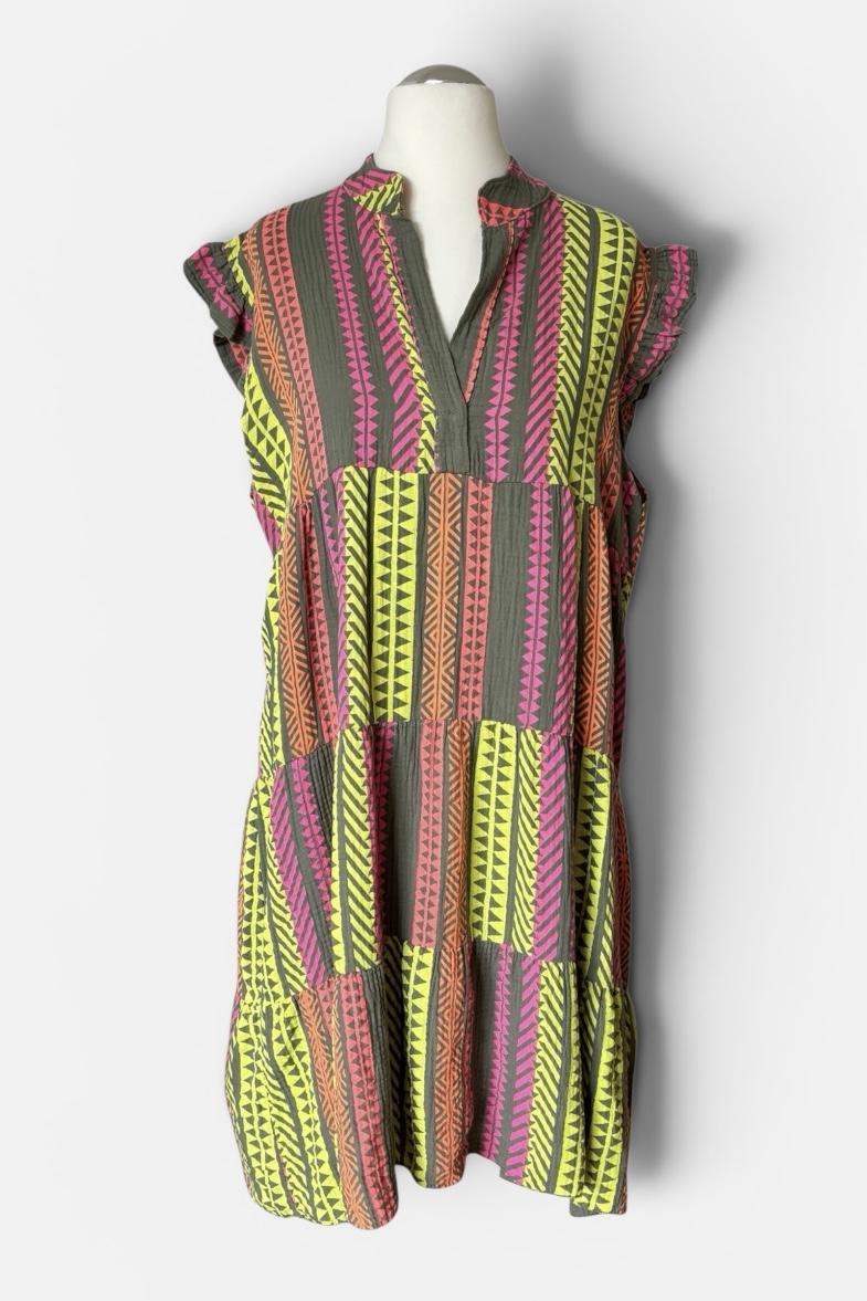 Nola Musselin Tunika &ndash; Khaki mit Neon-Aztekenmuster