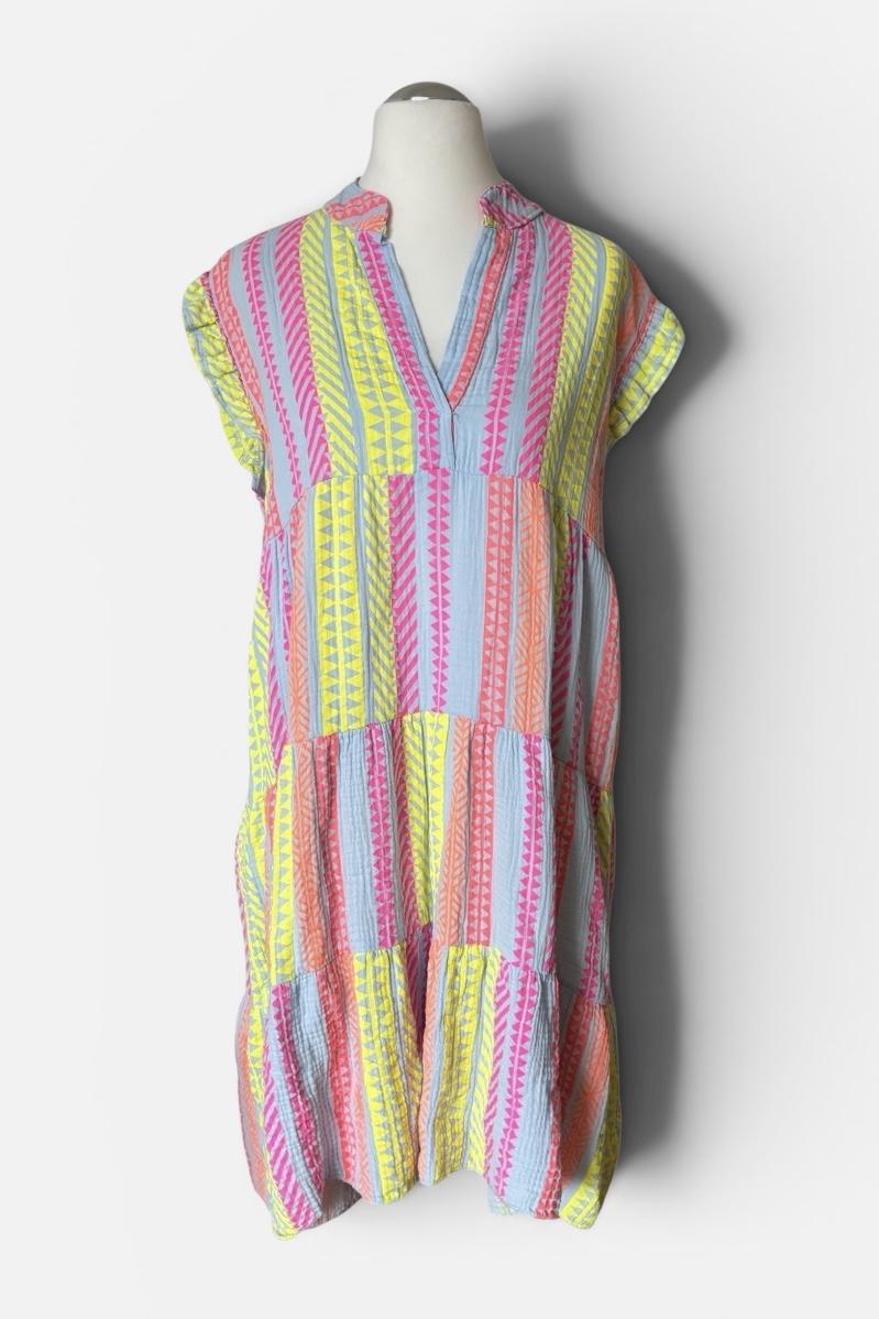 Nola Musselin Tunika &ndash; hellblau mit Neon-Aztekenmuster